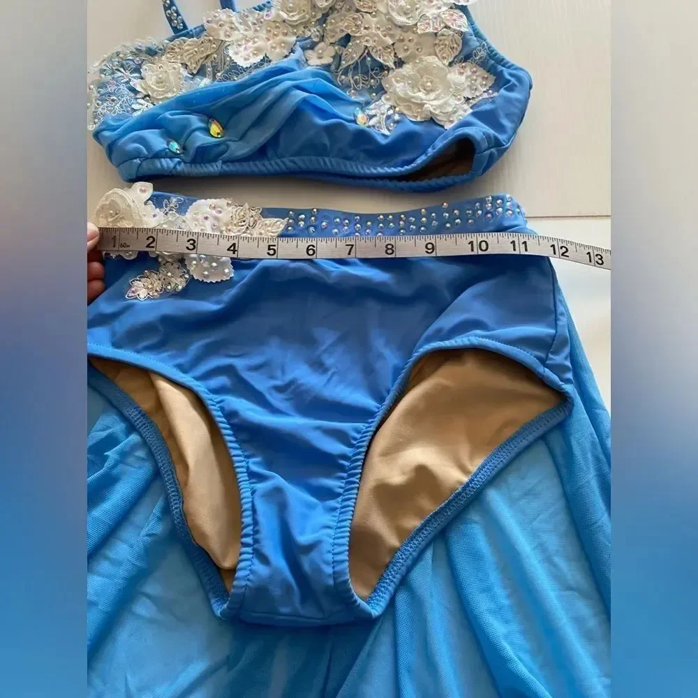 Glamour Lyrical Dance Costume Blue Mesh Skirt Floral Rhinestone SA-Small adult